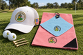 Course Ready Bundle – Pink and Blue Scrubby Golf Towel Set with Trucker Hat on golf course