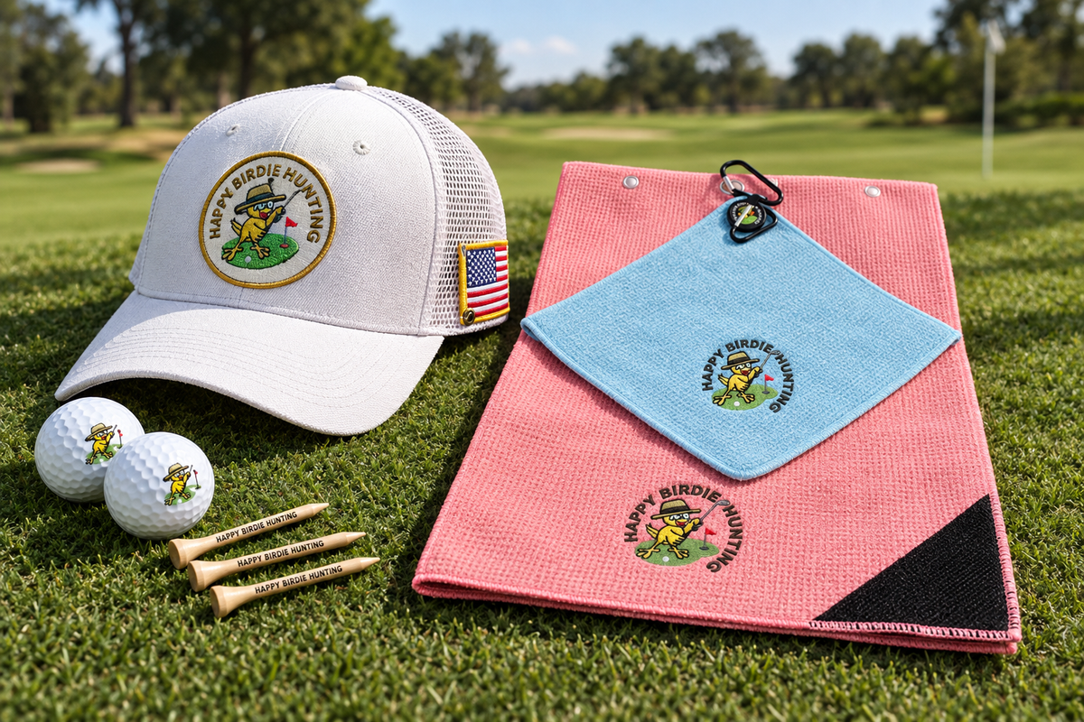 Course Ready Bundle – Pink and Blue Scrubby Golf Towel Set with Trucker Hat on golf course